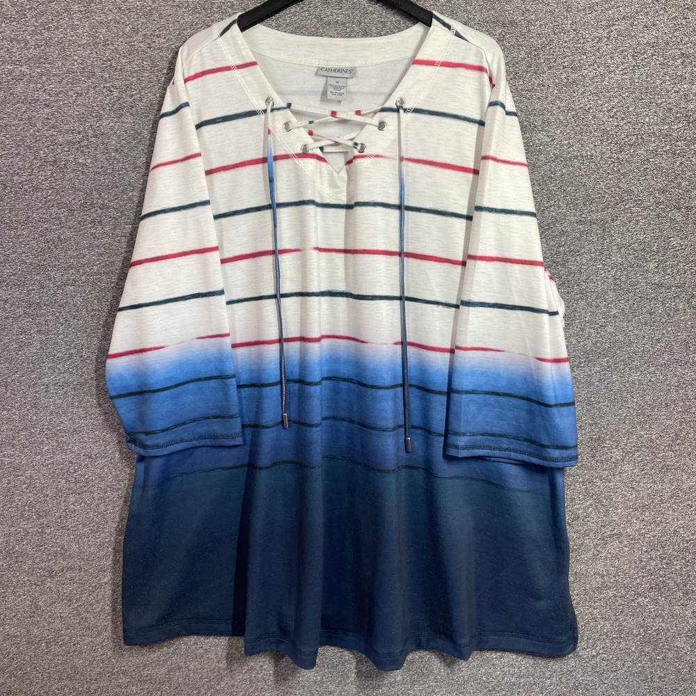 Catherines Women 2X Tunic Top Lace Up Stripe Ombre Blue Red White 3/4 Sleeve